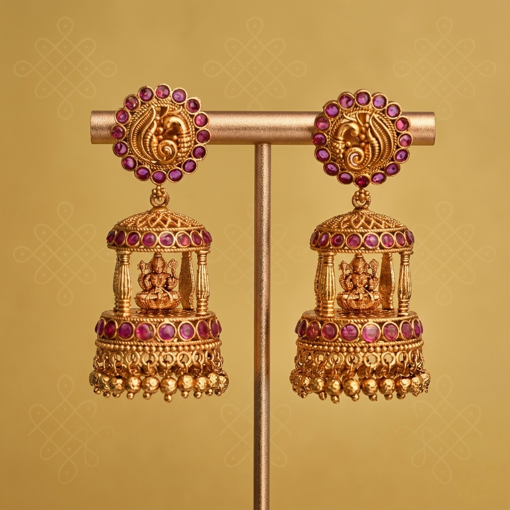 Antique Finish Pavilion Inspired Jumka-Ruby close-up view - Avalna